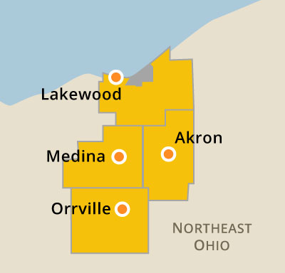 Map showing University of ϲʹ sites in Medina, Lakewood, Orrville and elsewhere